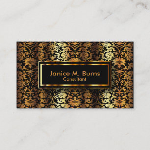 Black and Metallic Gold Floral Damask Business Card