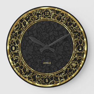 Black And Metallic Gold Floral Damasks Large Clock