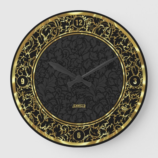 Black And Metallic Gold Floral Damasks Large Clock (Front)