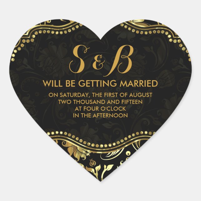 Black And Metallic Gold Floral Damasks Pattern Heart Sticker (Front)