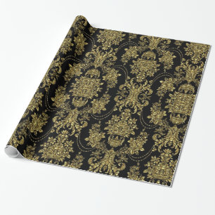 Black And Metallic Gold Floral Damasks Pattern Wrapping Paper