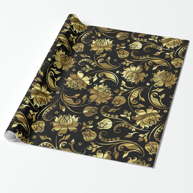 Black And Metallic Gold Floral Damasks Wrapping Paper (Unrolled)