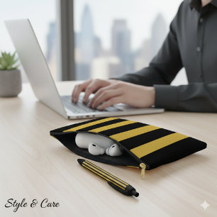 Black and Metallic Gold Vertical Striped Accessory Pouch