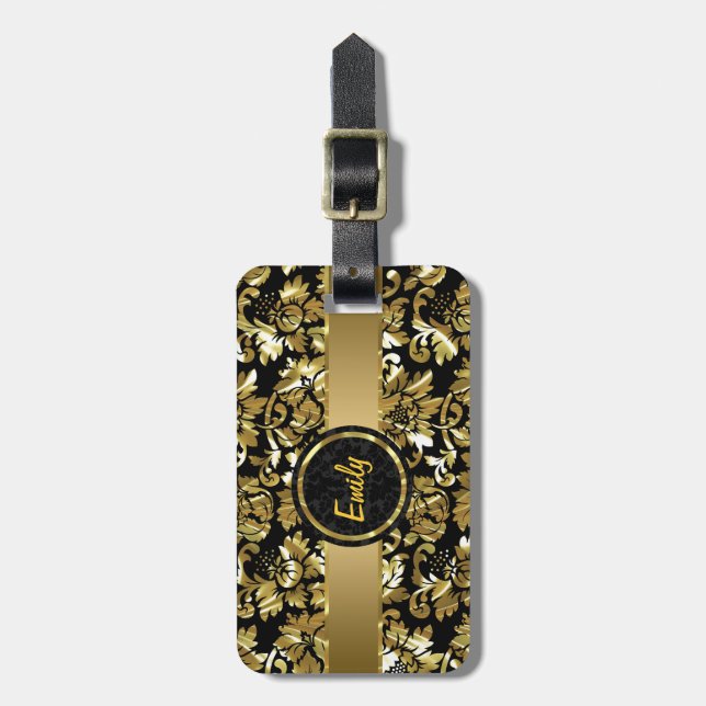 Black And Metallic Gold Vintage Damasks Luggage Tag (Front Vertical)