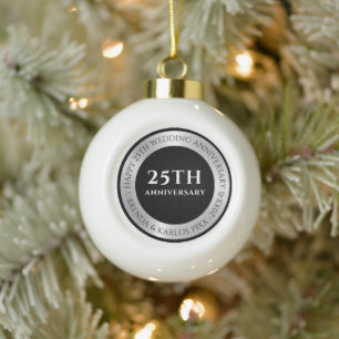 Black and metallic silver 25th wedding Anniversary Ceramic Ball Christmas Ornament