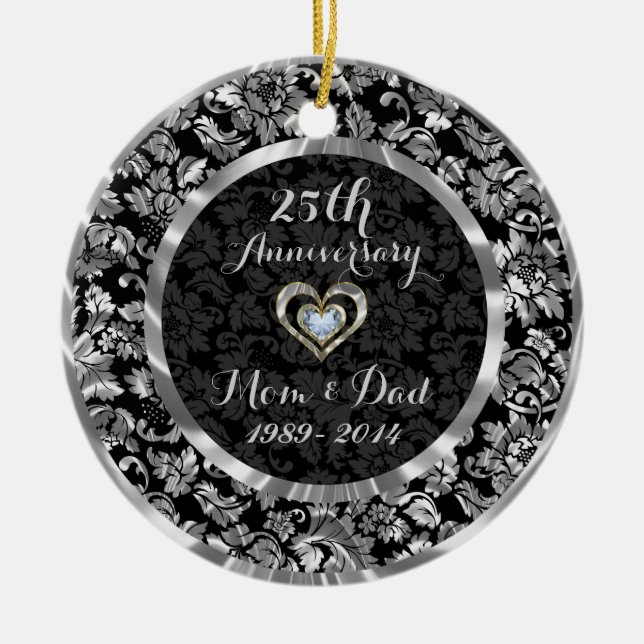 Black And Metallic Silver 25th Wedding Anniversary Ceramic Tree Decoration (Front)
