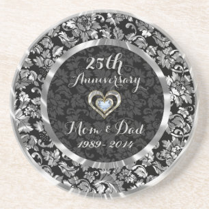 Black And Metallic Silver 25th Wedding Anniversary Coaster