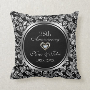 Black And Metallic Silver 25th Wedding Anniversary Cushion