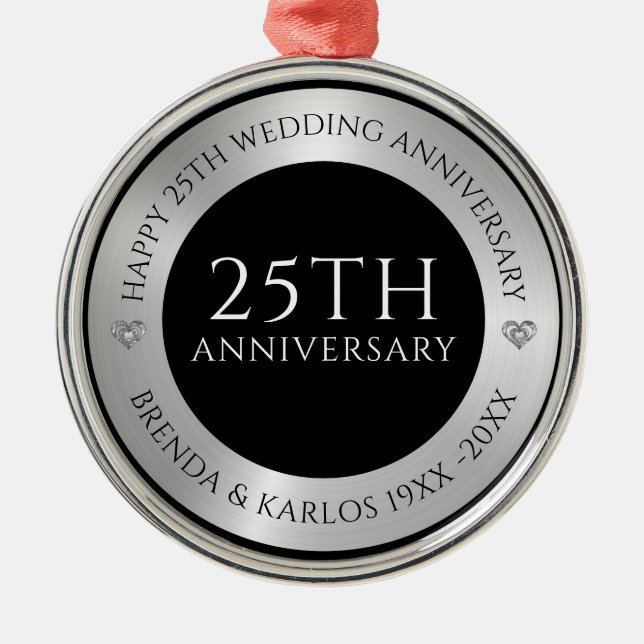 Black and metallic silver 25th wedding Anniversary Metal Ornament (Front)