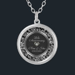 Black And Metallic Silver 25th Wedding Anniversary Silver Plated Necklace<br><div class="desc">Elegant black and metallic silver grey vintage floral damasks.</div>