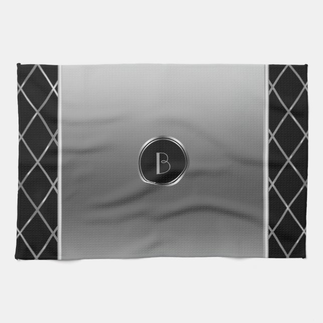 Black And Metallic Silver Geometric Design Tea Towel (Horizontal)