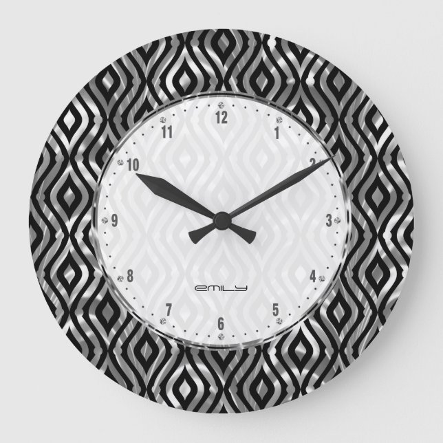 Black And Metallic Silver Geometric Pattern Large Clock (Front)