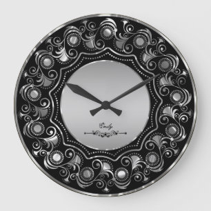 Black And Metallic Silver Grey Floral Design Large Clock