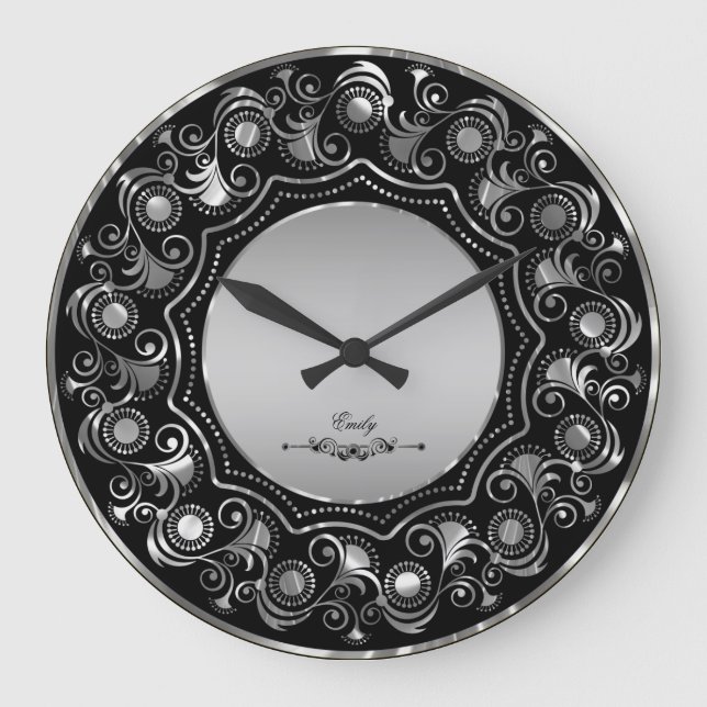 Black And Metallic Silver Grey Floral Design Large Clock (Front)