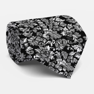 Black And Metallic Silver Vintage Floral Damasks Tie