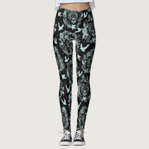 Black and Mint Green Floral and Birds Leggings
