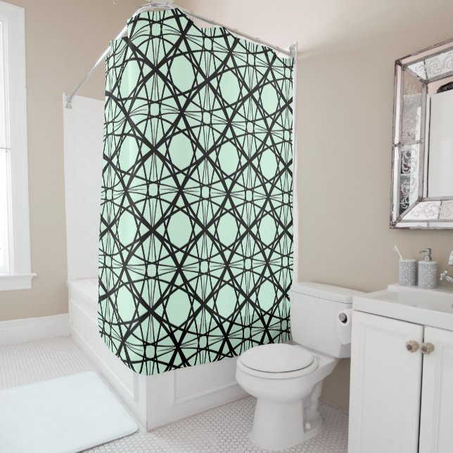 Black and Mint Green Geometric Art  Shower Curtain (In Situ)