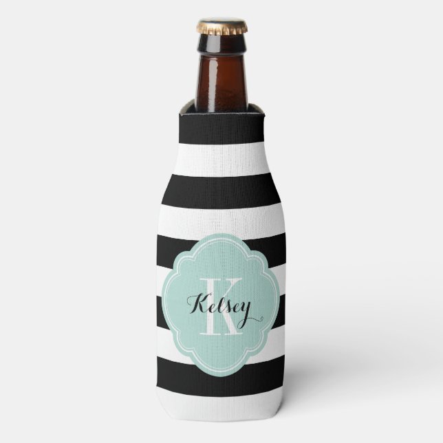 Black and Mint Preppy Stripes Monogram Bottle Cooler (Bottle Front)