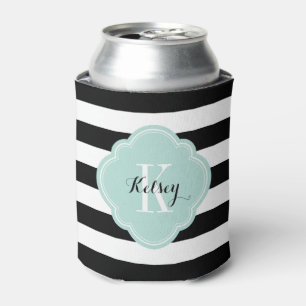 Black and Mint Preppy Stripes Monogram Can Cooler