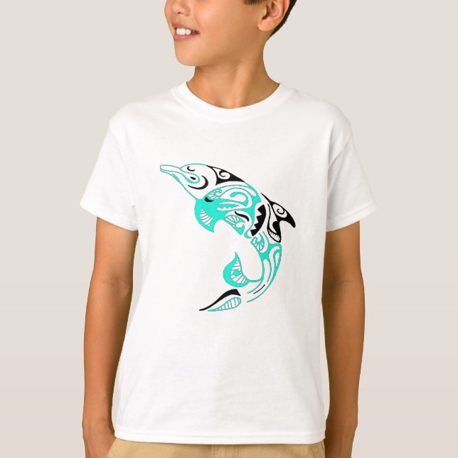 Black and Mint Tribal Dolphin Tattoo Design T-Shirt (Front)