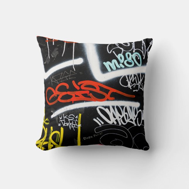 Black and multicolored graffiti art cushion (Front)
