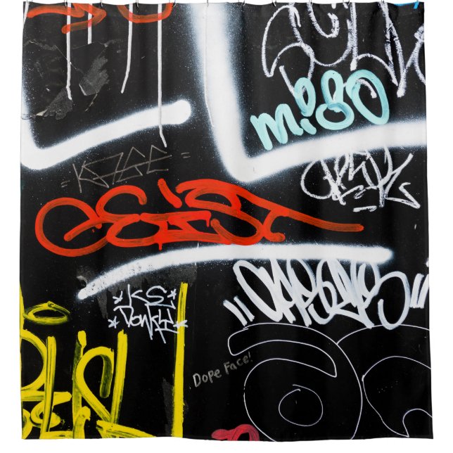 Black and multicolored graffiti art shower curtain (Front)