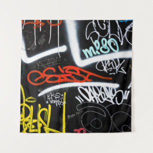Black and multicolored graffiti art tapestry