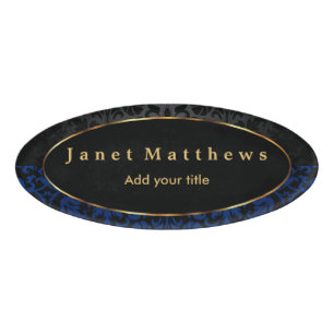 Black and Navy Blue Damask with Gold Trim Design Name Tag