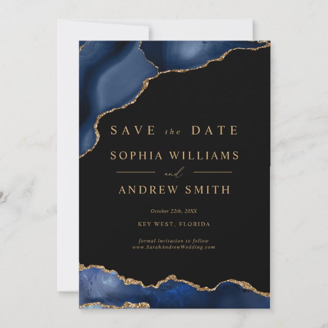 Black and Navy Gold Save the Date Invitation (Front)