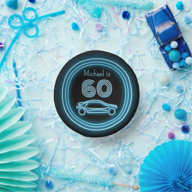 Black and Neon Blue Car with Custom Age Male Party Paper Plate (Party)