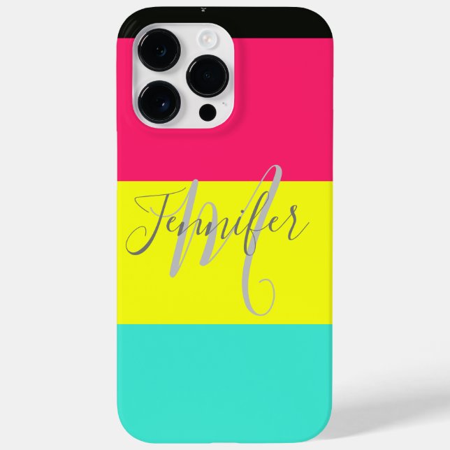 Black and Neon Colour Block Stripe Monogram Name Case-Mate iPhone Case (Back)
