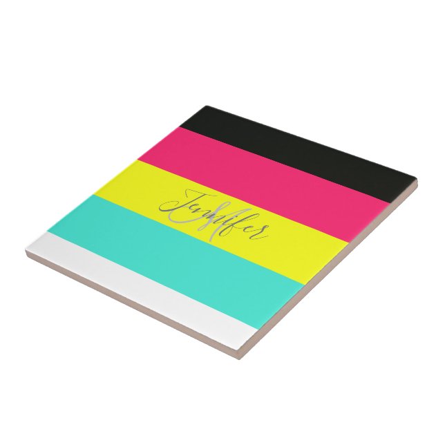 Black and Neon Colour Block Stripe Monogram Name Ceramic Tile (Side)