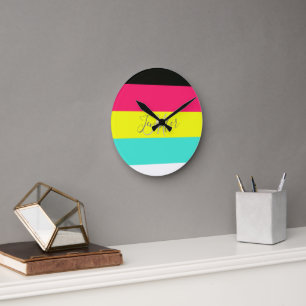 Black and Neon Colour Block Stripe Monogram Name Round Clock