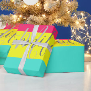 Black and Neon Colour Block Stripe Monogram Name Wrapping Paper