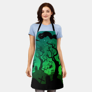 Black and neon green haunted graveyard Halloween Apron