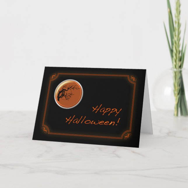 Black and Neon Orange Owl Coin Halloween Card (Front)