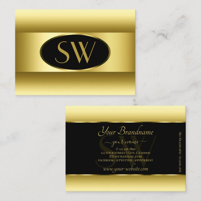Black and Ochre Gold Gradient Monogram Oval Frame Business Card (Front/Back)