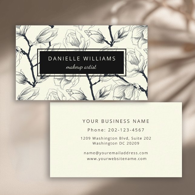 Black and Off-White Elegant Magnolia Botanical Business Card (Creator Uploaded)