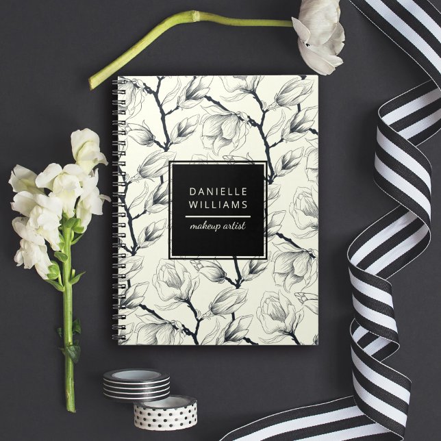Black and Off-White Elegant Magnolia Botanical Notebook (Personalize with your name and title or other desired text.)