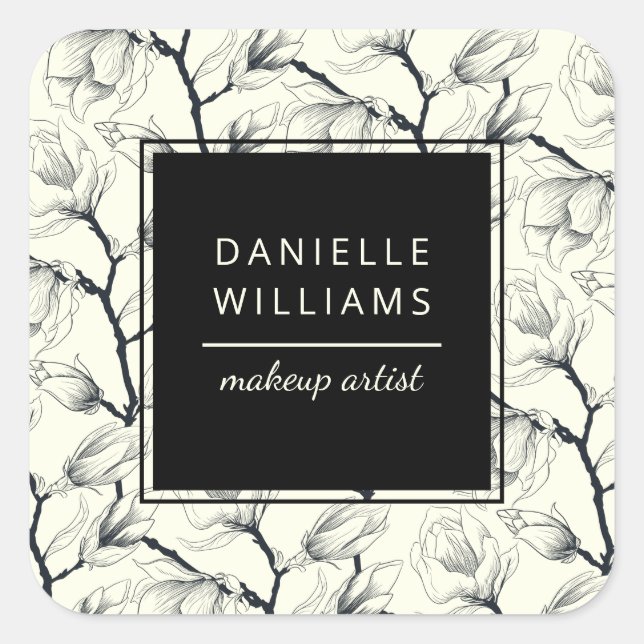 Black and Off-White Elegant Magnolia Botanical Square Sticker (Front)
