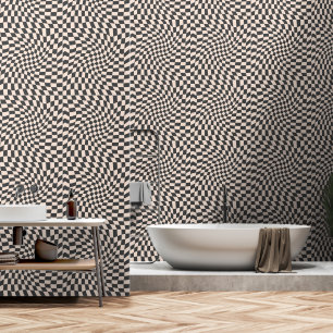 Black and Off White Twisted Chequerboard Wallpaper