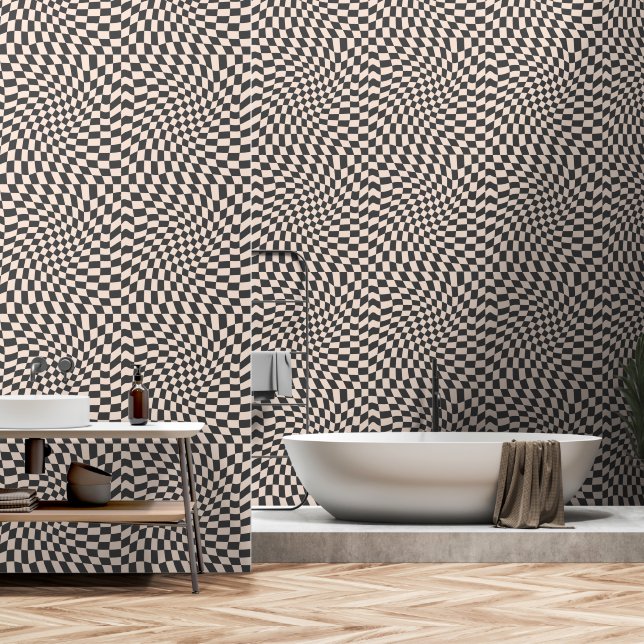 Black and Off White Twisted Chequerboard Wallpaper (Bathroom)