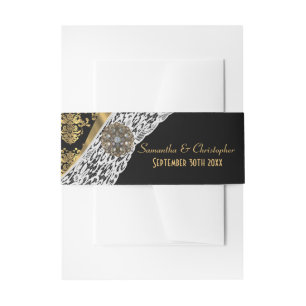 Black and old damask tradtional white lace wedding invitation belly band