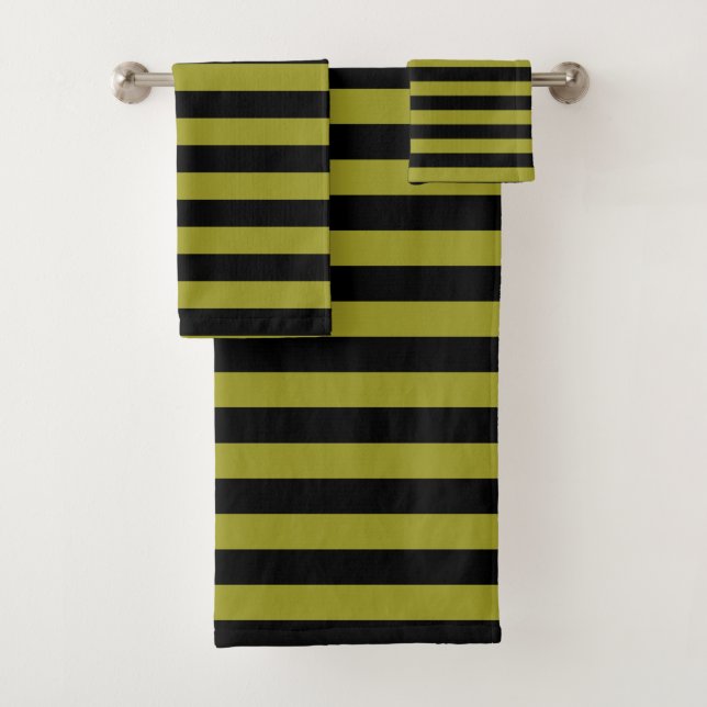 Black And Olive Green Horizontal Stripe Bath Towel Set (Insitu)