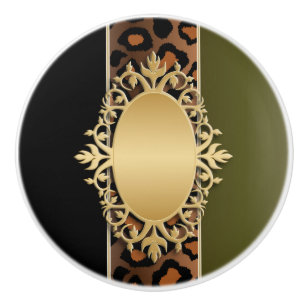 Black and Olive Green Jaguar Animal Print Ceramic Knob