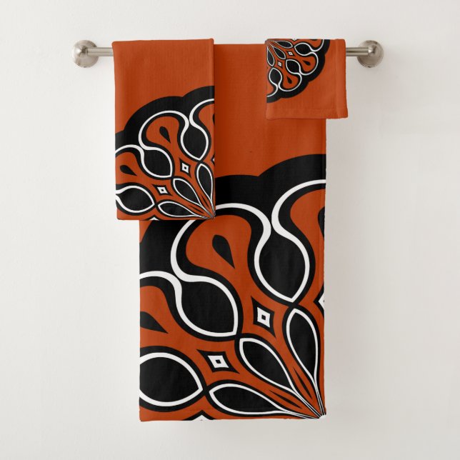 Black and Orange Abstract Modern Mandala Bath Towel Set (Insitu)