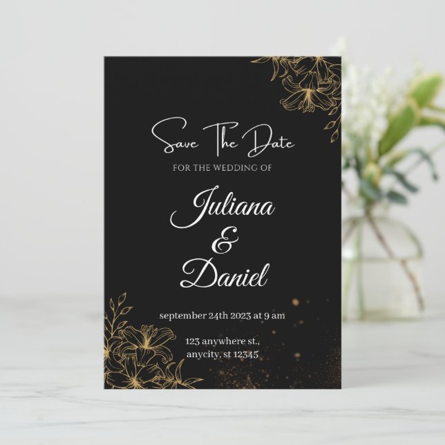 Black and Orange Aesthetic Wedding Invitations (Standing Front)