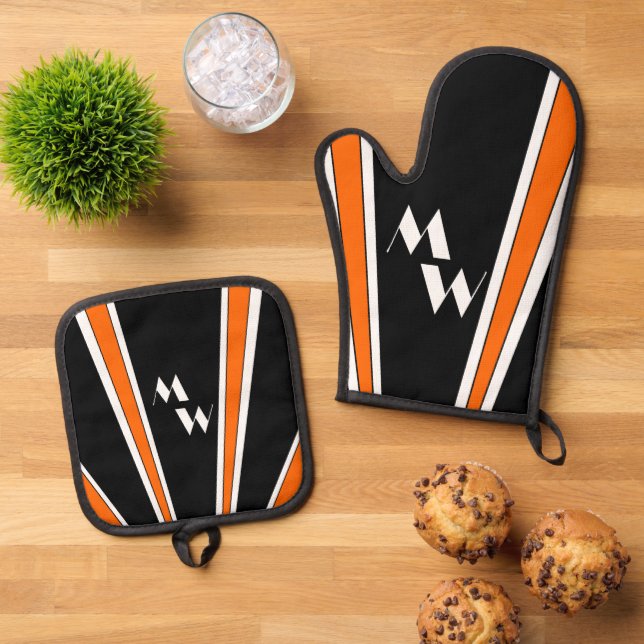 Black And Orange Art Deco Design Monogrammed Oven Mitt & Pot Holder Set (Top Down)