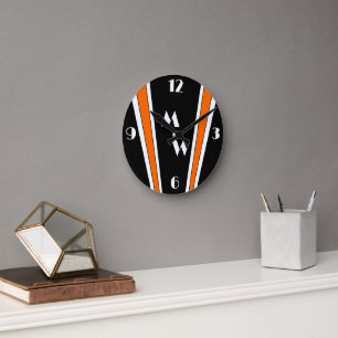 Black And Orange Art Deco Design Monogrammed Round Clock
