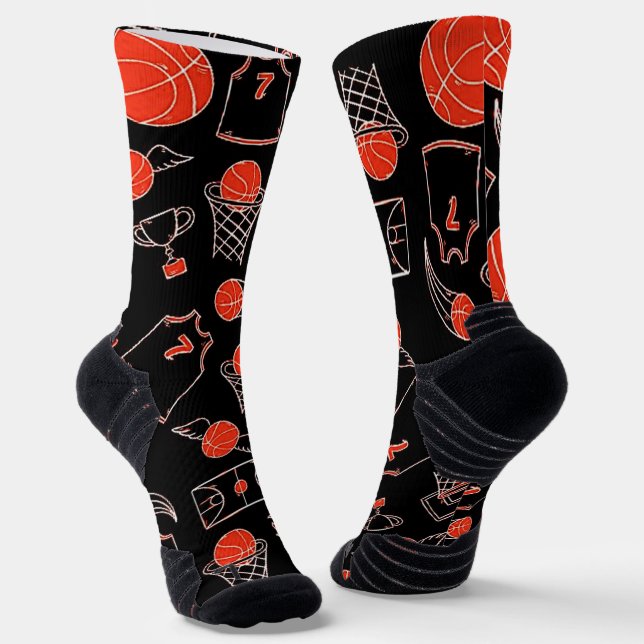 Black And Orange Basketball Theme Socks (Angled)